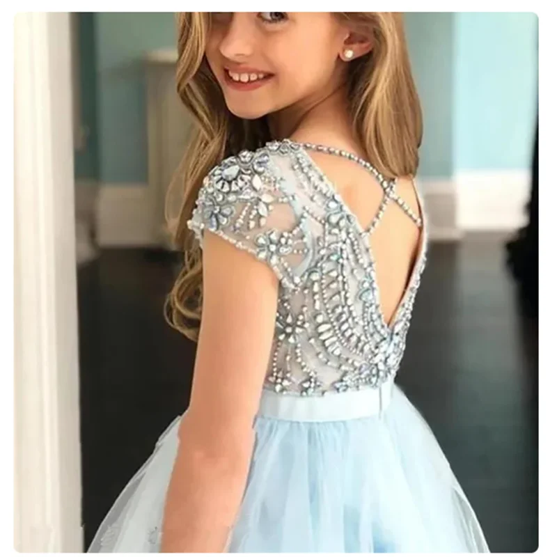 

Flower Girl Dresses Light Sky Blue Tulle Beaded Capped Sleeve Girl's Princes Ball Gown First Communion Prom Fashion