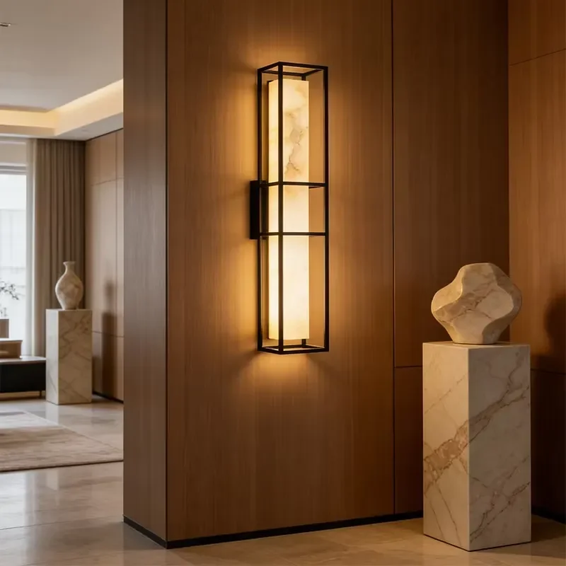 Natural Alabaster Marble Wall Light, Modern Black Metal Frame LED Wall Sconce for Living Room, Bedroom, Hotel Corridor