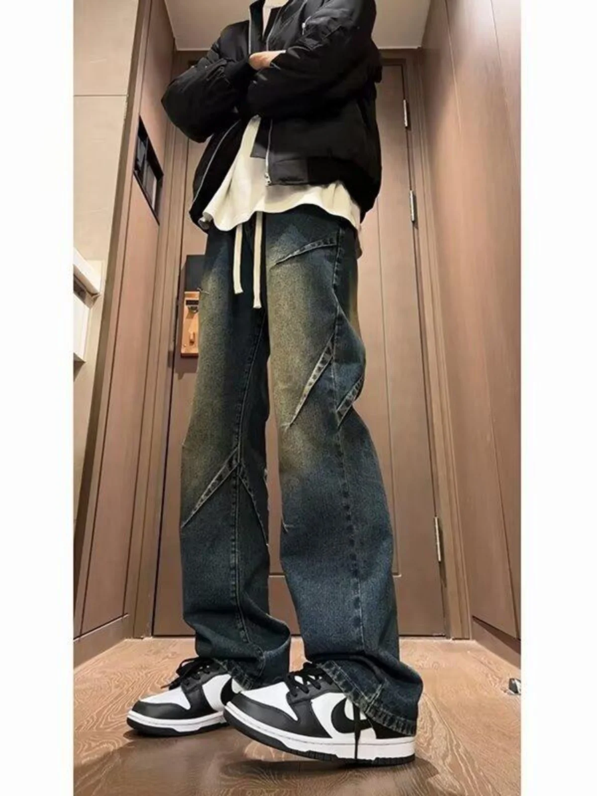 

American Retro Men's Straight Leg Jeans Spring Autumn New Sle Elastic Waist Pleated Wide Leg Casual Slimming Cool Brand