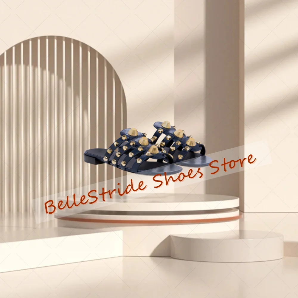 

Blue Metal Rivets Hollow Out Slippers Round Toe Women Shoes Matte Leather Flats Party Banquet Dating 2025 Zapatos Para Mujere