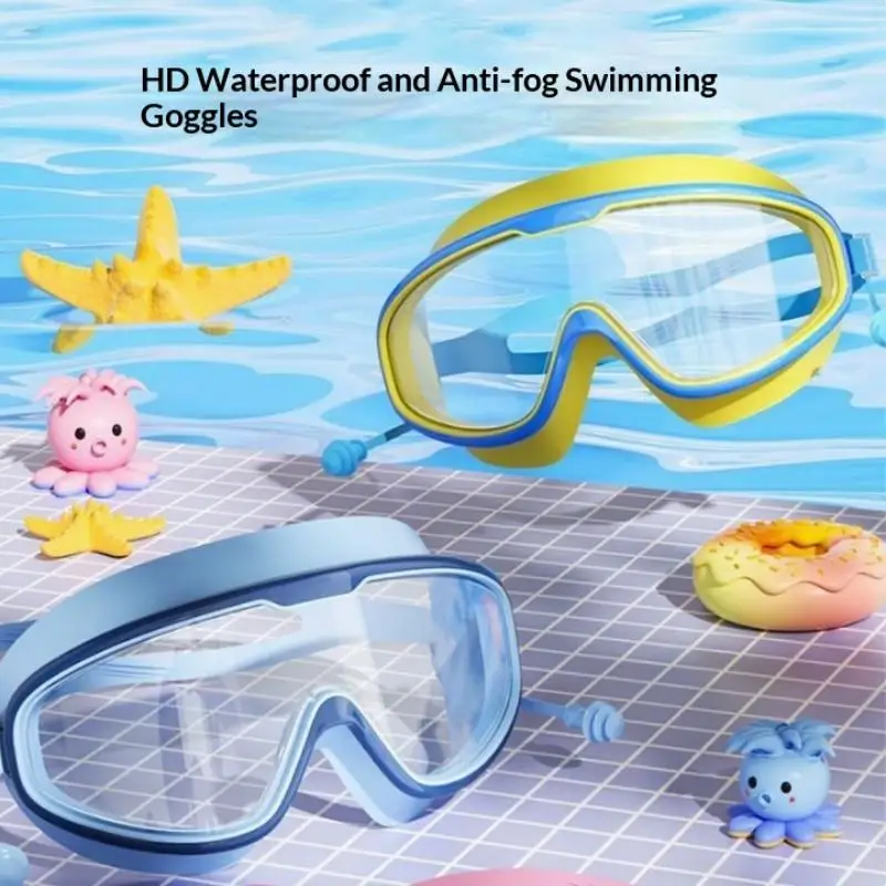 New 1Pcs Children Swim Goggles Anti Fog UV Blocking Large Frame with Earplugs for Kids Summer Beach Pool Activities