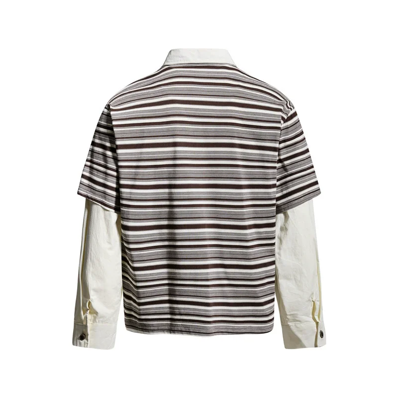 Vintage Streetwear Fake Two-Piece Striped Polo Shirt Unisex Long Sleeve Letter Printed Tops Pullover