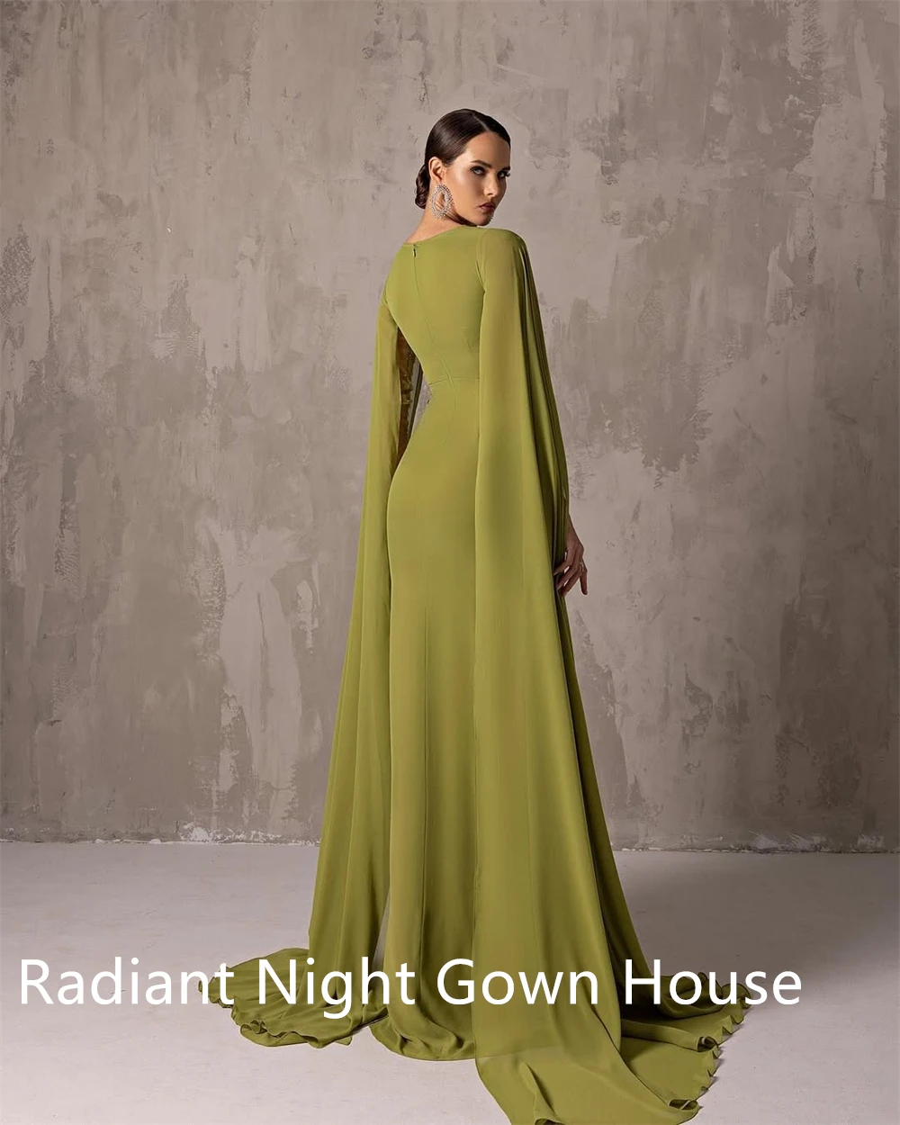 Maßgeschneidertes, temperamentvolles, grünes Chiffon-Abendkleid, exquisite lange Ärmel, Schal, Reißverschluss hinten, Meerjungfrau, maßgeschneiderter Anlass G