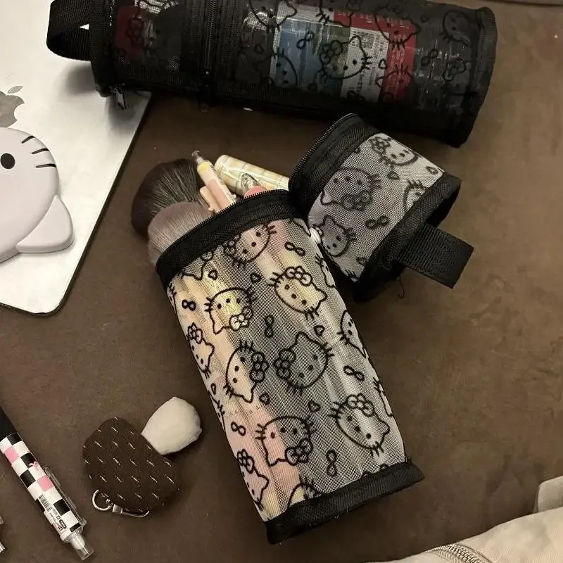 

Портативная косметичка Hello Kitty's, большая вместительная сетчатая портативная сумка-ведро-карандаш, сетчатые сумки для женщин, аниме-фигурка