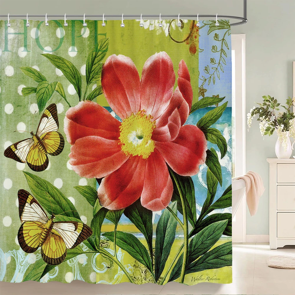 Retro Flowers Butterfly Printing Frabic Shower Curtains Bathroom Curtain Waterproof Polyester Bath Curtain 180x180 With Hooks