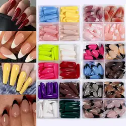 96PC/box Long Coffin & Short Almond French Glossy Press on Nails Full Cover Solid Color Fake Nails Colorful Artificial False Tip