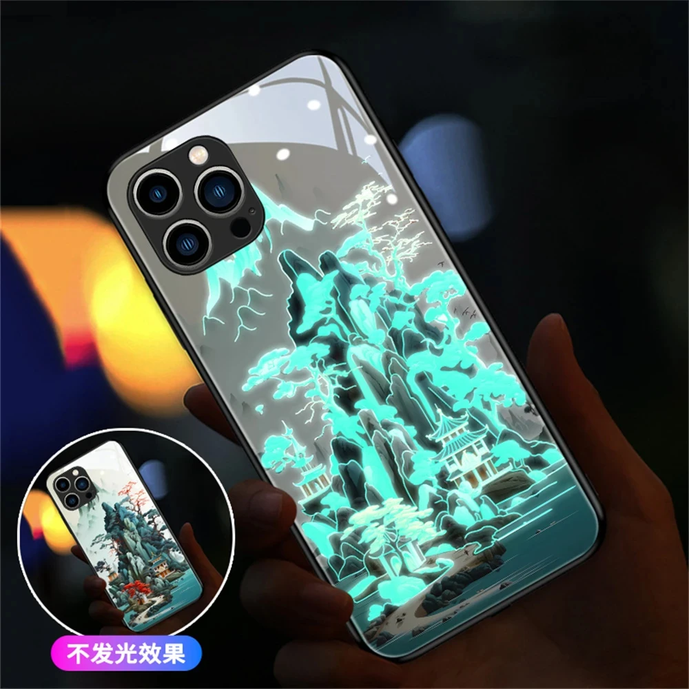 

Chinese Ancient Landscape Painting Sound Control LED Flash Cases Luminous Glass Cover For Samsung S23 S22 S21 S20 FE Note 10 20