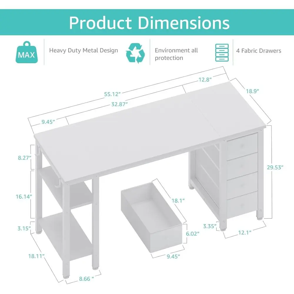 55 Modern White Desk with Fabric Drawers & Shelves, Home Office Study Writing Desk, Cute PC Desk Table