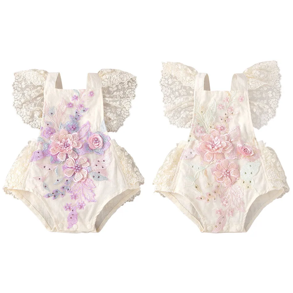 Sweet Baby Girls Pearl Adorned Lace and Tulle Rompers with Floral Embroidery Perfect Ensemble for Christenings Family Gatherings