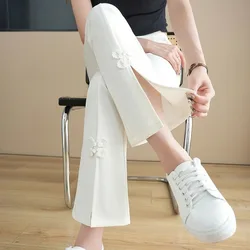 Women's Spring Summer Chinese Pantalones Versatile High Waist Drape Split Design Disc Buckle Bell-bottoms Sweatpants Streetwear