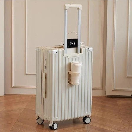 

New model with rechargeable aluminum frame trolley case, student multi-function suitcase, hook, travel cup holder, password.