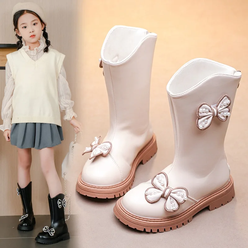

2023 Kids Girls High Boots Autumn Winter New Solid Color Beige Black Simple Children Fashion Pearl Bow Princess Mid-calf Boots