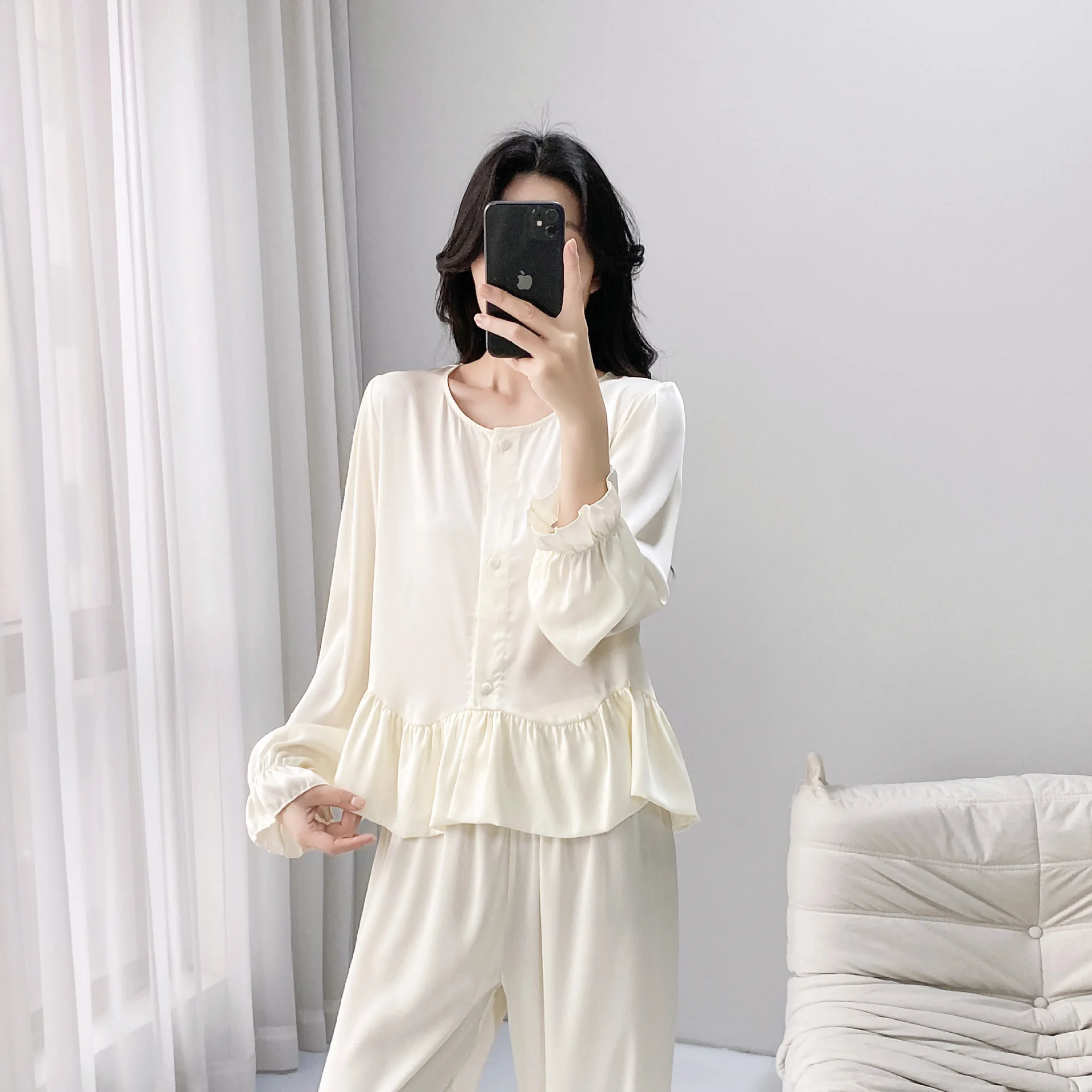 2PCS Pajamas Suit Long Sleeved Cardigan Trouser Satin Sleepwear Sexy Kimono Bathrobe Gown Solid Color Casual Nightgown Homewear