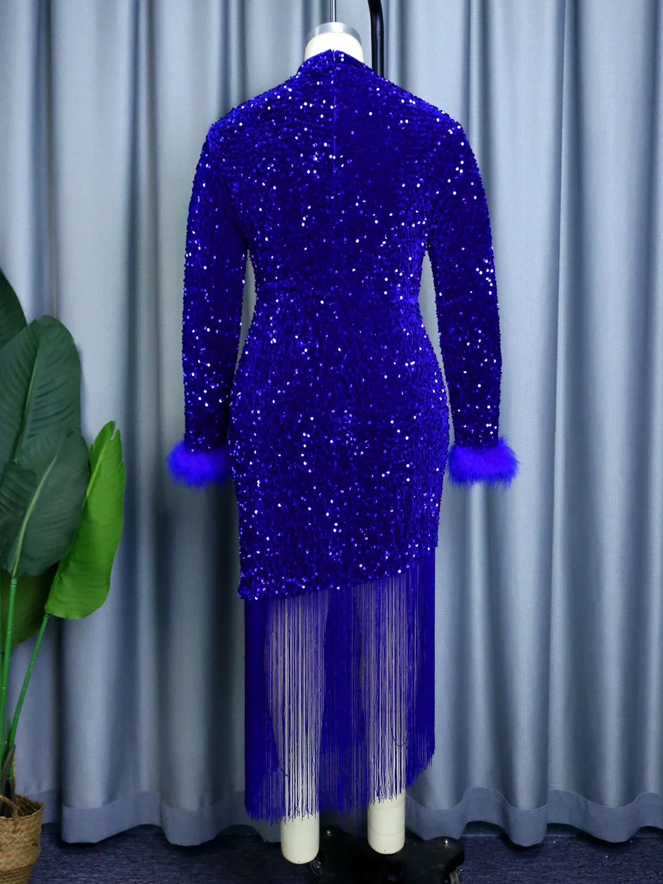 Blue Sequined Women Fringe Christmas Party Dress Long Feather Sleeve Glitter Velvet Slim Tassel Hem Evening Cocktail Event Gowns