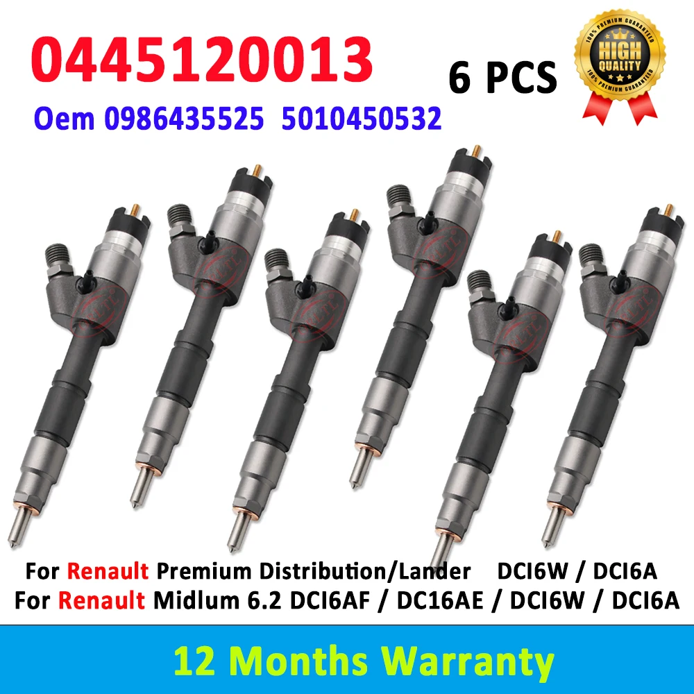 6 PCS 0445120013 5010450532 Diesel Fuel Injector 0 445 120 013 for Renault Midlum /Premiun Midlum 0445 120 013 0986435525