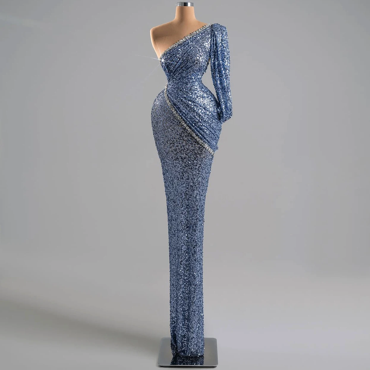 Shimmering Evening Dress With Single Sleeve Rhinestone Slanted Collar Sequines Lace Mermaid Gown Designed For Women Party Dress