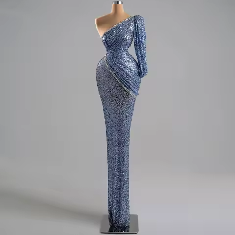 Shimmering Evening Dress With Single Sleeve Rhinestone Slanted Collar Sequines Lace Mermaid Gown Designed For Women Party Dress