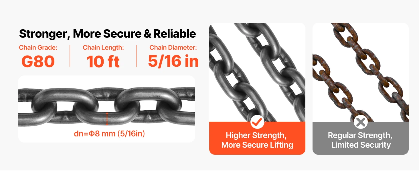 SucceBuy Chain Sling 5/16in x 10ft Lifting Chains with 2 Leg Grab Hooks Adjustable Engine Chain Hoist Lifts for Security Towing