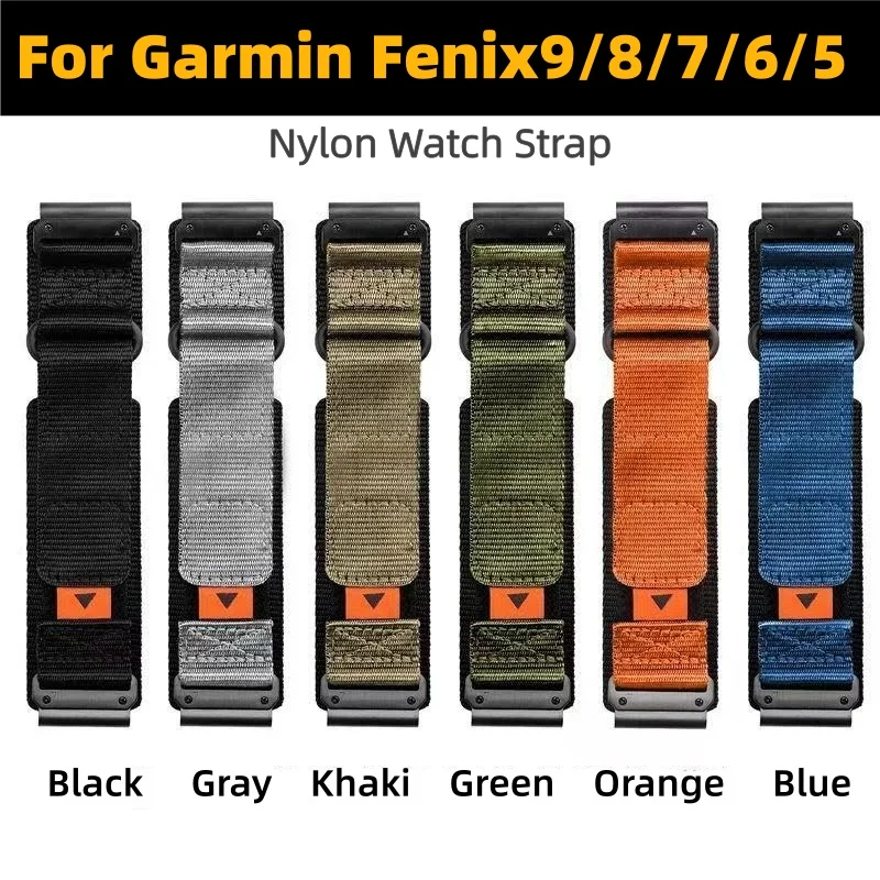Nylon Sport Watch Strap for Garmin Fenix 9 8 7 6 5, 22mm 26mm Rugged Woven Nylon Replacement Band with Hook Loop Closure 6Colors