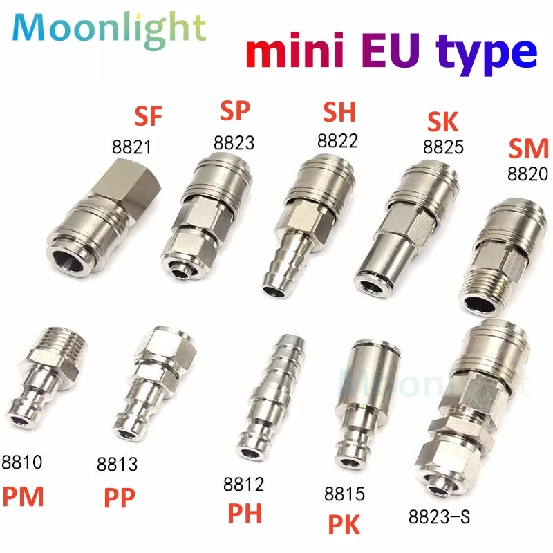 European EU Type All-Copper Nickel-Plated Min Pneumatic Fitting Connector Quick Coupler for Air Compressor Hose Barb Nozzle SH
