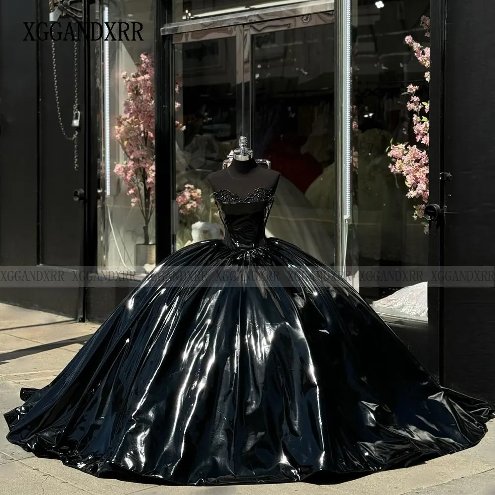 Unique Leather Ball Gown Black Quinceanera Dresses 2024 Beading Sweet 15 16 Dresses Lace Applique 3D Flowers Vestido De 15 Anos