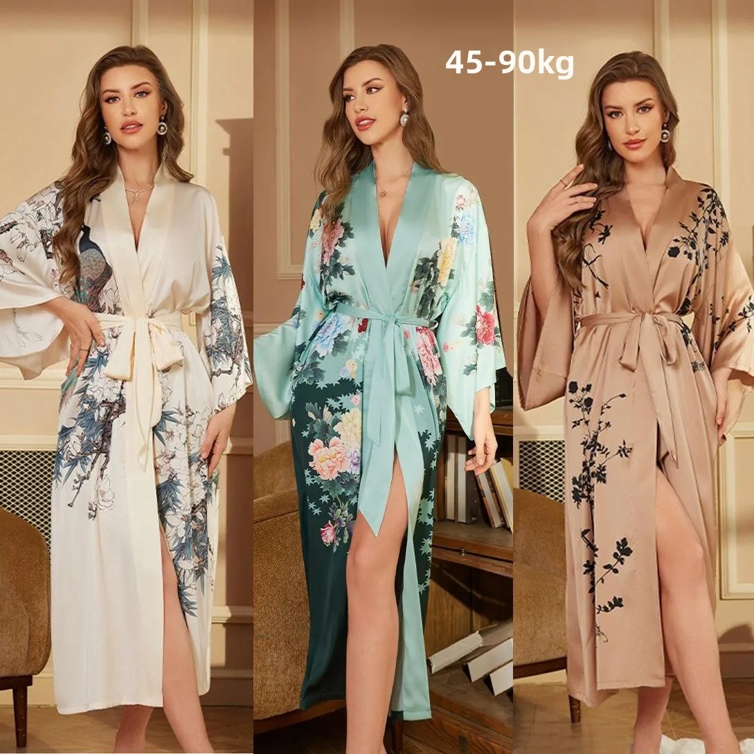 

Sexy Large Size Silk Robe Spring Summer Extended Length Simulation Silk Spwear Simple Home Clothes for Women