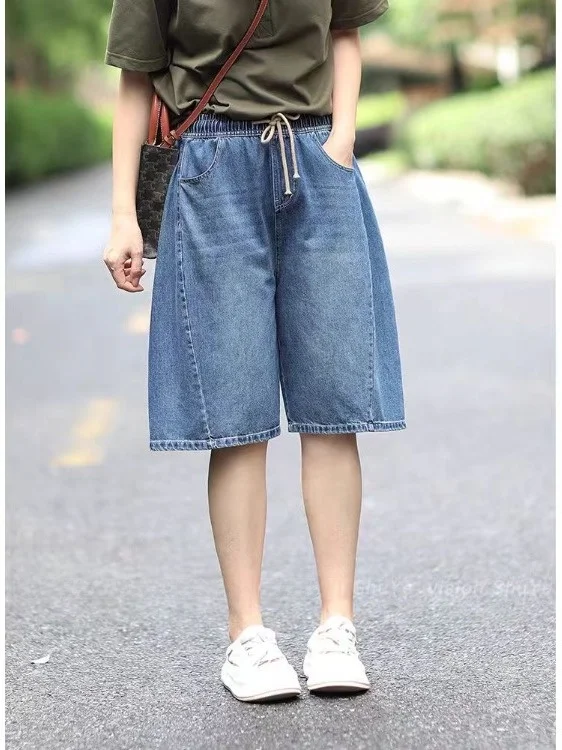 

Blue Denim ort Pants Women's Summer Thin Elastic Waist Casual Loose Slimming Korean Version A-Line Five-Point Pants