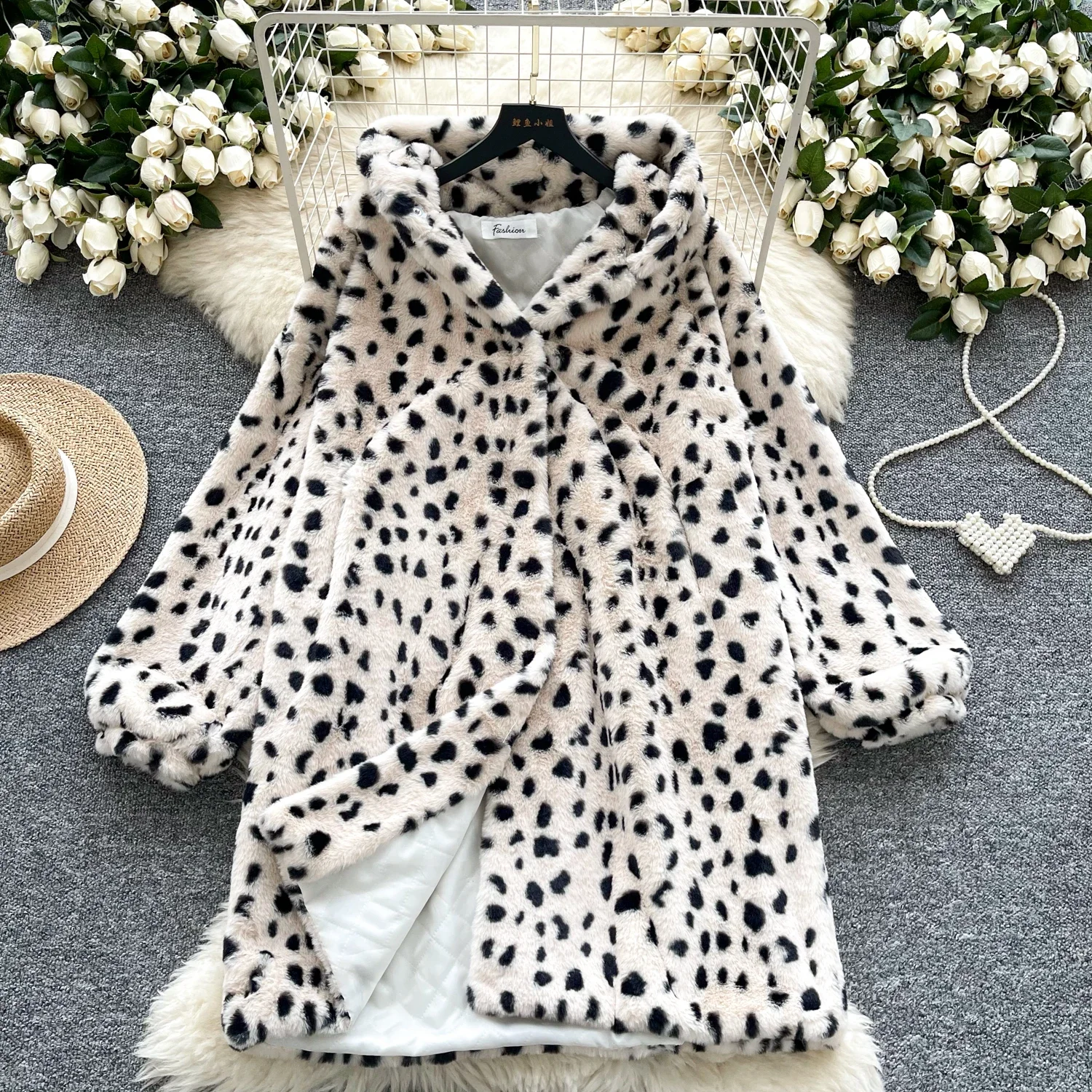 Basics Long Sleeves Vintage Hooded Chic Leopard Loose Long Plush Coat Korean Casual High Street Winter Thickened Insulation Top