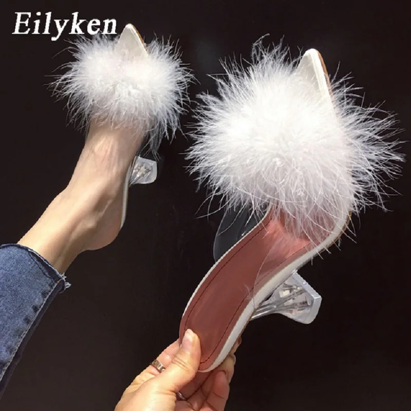 Eilyken Feather Fur PVC Transparent High Heels Woman Slippers Pointed Toe Mules Lady Pumps Slides Stripper White Shoes