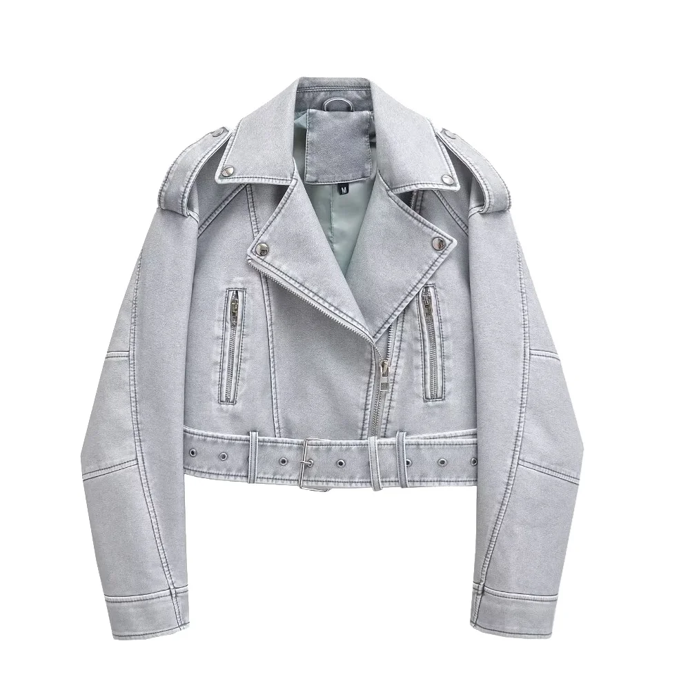 Jesienna Nowa Moda Damska Skórzana Kurtka Casual Retro Uniwersalny Kołnierz Krótka Kurtka Motocyklowa Top Odzież Wierzchnia