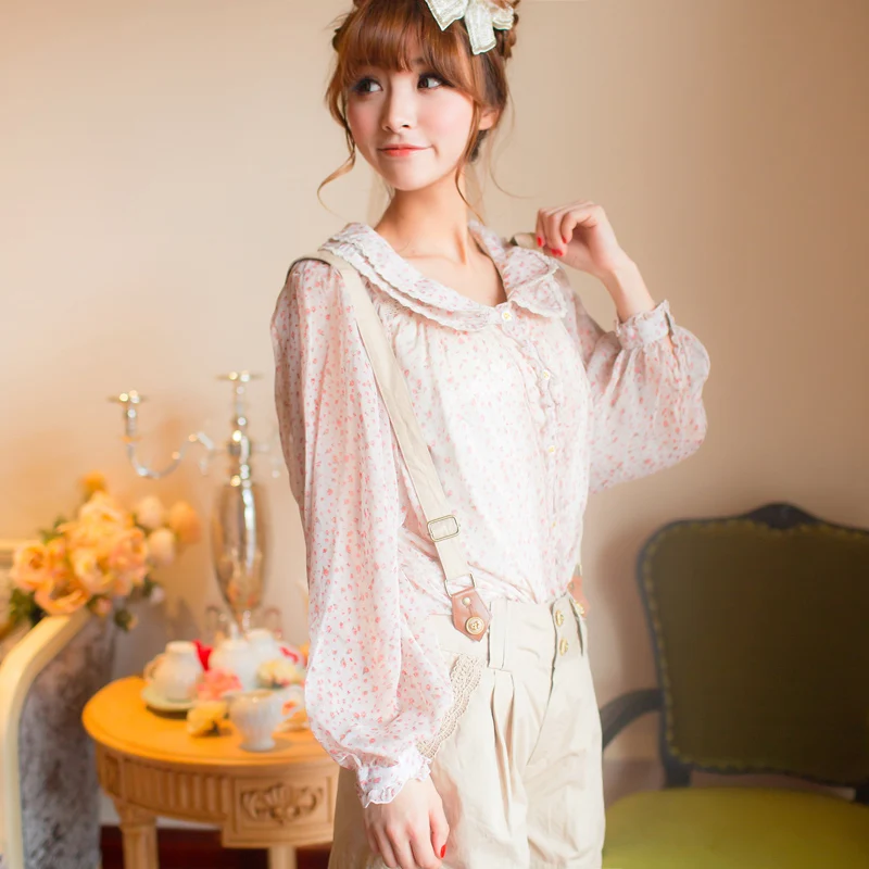 Japan Style Flower Printed Double Layer Lace Collar Long Sleeve Blouse Chiffon Shirts