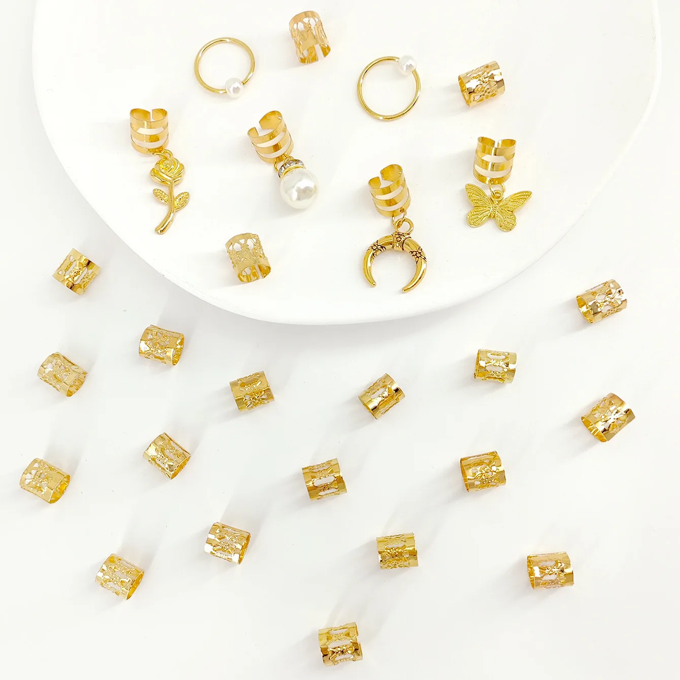 26 Pcs Vintage Chinese Style Dreadlock Hair Rings with Pearl Durable Alloy Braid Decor for Festival Costume