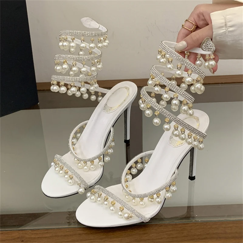 Eilyken Sexy Elegan Crystal  Pearl Pendant Ankle Strap Women Sandals Street Style Thin High Heels Carnival Prom Party Shoes view 3