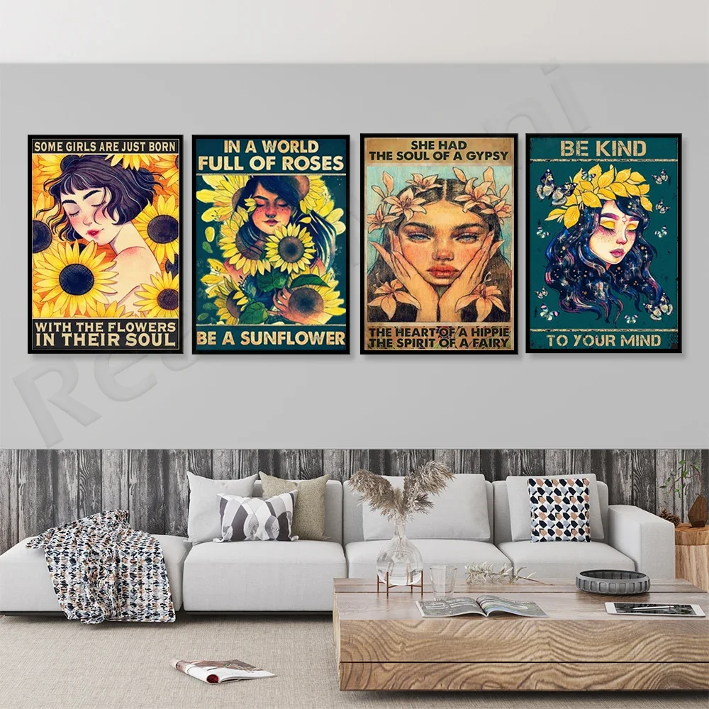 Some girl is just born and she has a gypsy soul, stay with the wild flower girl, be kind to your mind, meditation poster,