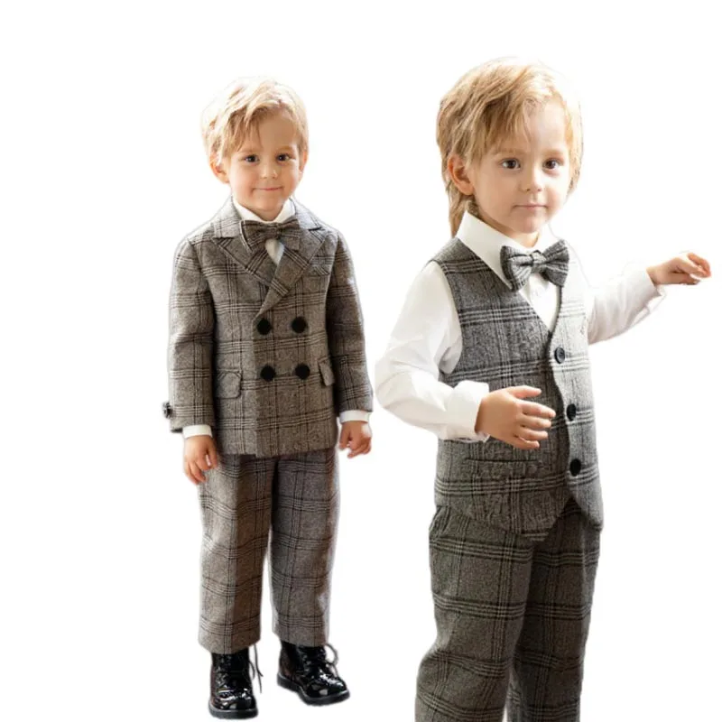 Russischer Jungen-Anzug mit Frühlingsjacke, Weste, Hose und Fliege, Doppelreihiger Anzug für Kinder, Hochzeit, Geburtstag, Party, Aufführungskostüm
