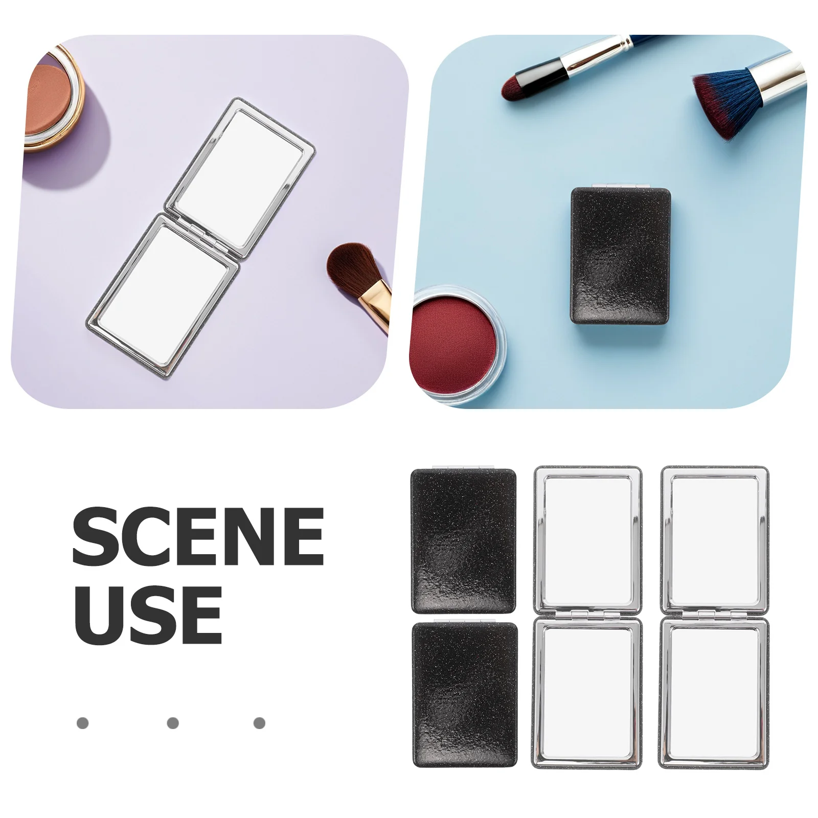 4 stuks opvouwbare zwarte PU glitterspiegel dubbelzijdig standaard vergrote reflectie lichtgewicht compact ontwerp voor reishandtas