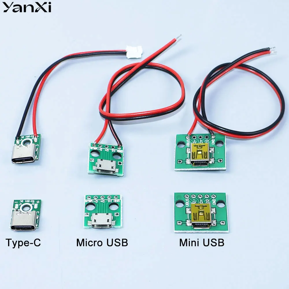 YanXi Type-C Mini Micro USB  Female Connector Jack 5V 2A Charging Port Socket With Solder Wire PH2.0 Screw Fixing Plate