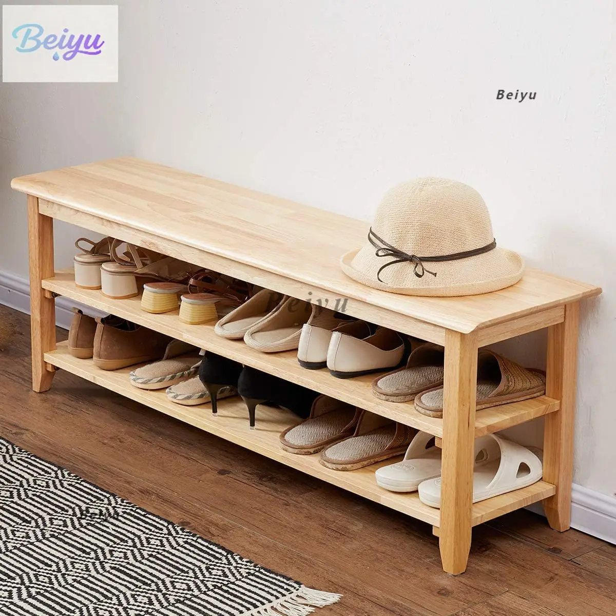 

Natural color storage stool wooden shoe changing stool, simple style wooden entrance stool shoe rack