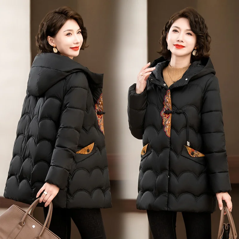 Winter Coat Women 2024 Fashion Chinese Style Middle Age Mother Clothes Down Cotton Hooded Jacket Casual Warm Thick Outwear Parka