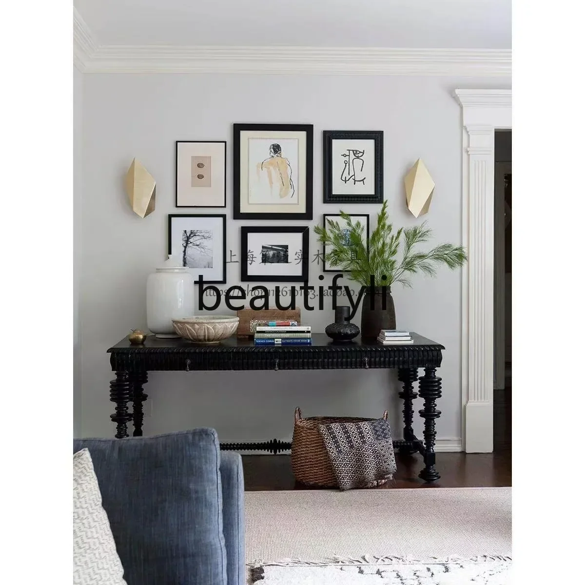 

Cy56 American retro desk solid wood French style, word desk entrance table country black table high-end furniture
