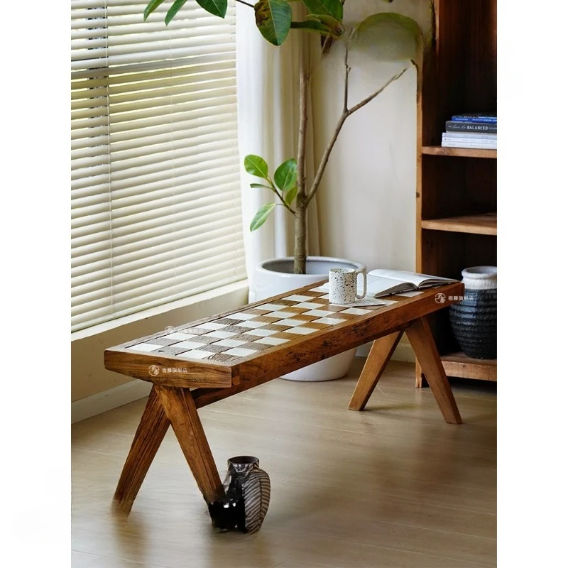 

Suvine Nordic old elm bench checkerboard parquet bench solid wood bedside stool modern simple household dining stool