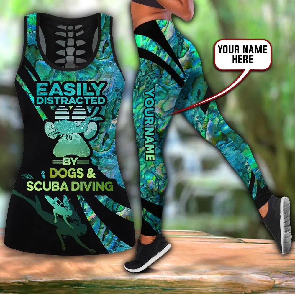 Scuba diving Personalized Name 3D Printed Hollow Tank Top & Leggings Set Fitness Female Full Length Leggings Running Pants DDK98