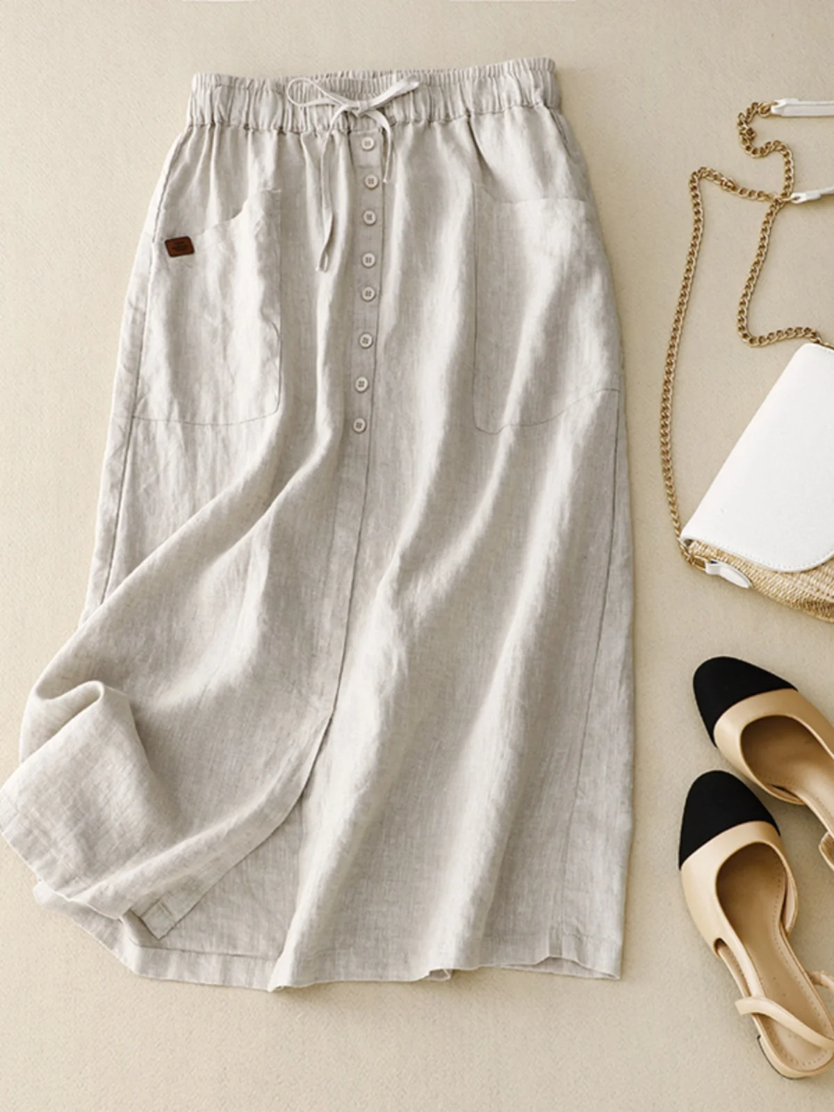 ارتفاع الخصر ثنيات القطن الكتان ألف خط تنورة المرأة الصيف زر واحد الورك تغطي التنانير غير رسمية الكورية Sle ميدي تنورة #4