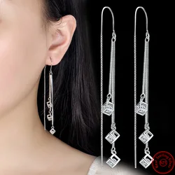 Real 925 Sterling Silver Square Crystal Long Drop Earrings For Women Trendy Jewelry New FQL22275