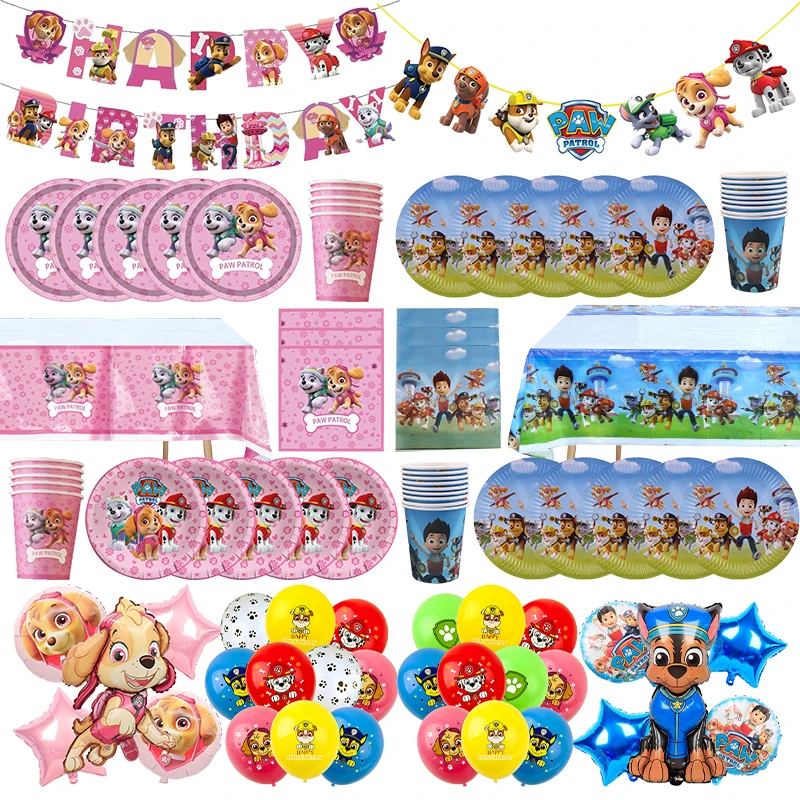 Paw Patrol Birthday Decorations Disposable Tableware Plates Cups Straw Tablecloth Foil Balloon Banner Baby Shower Party Supplies