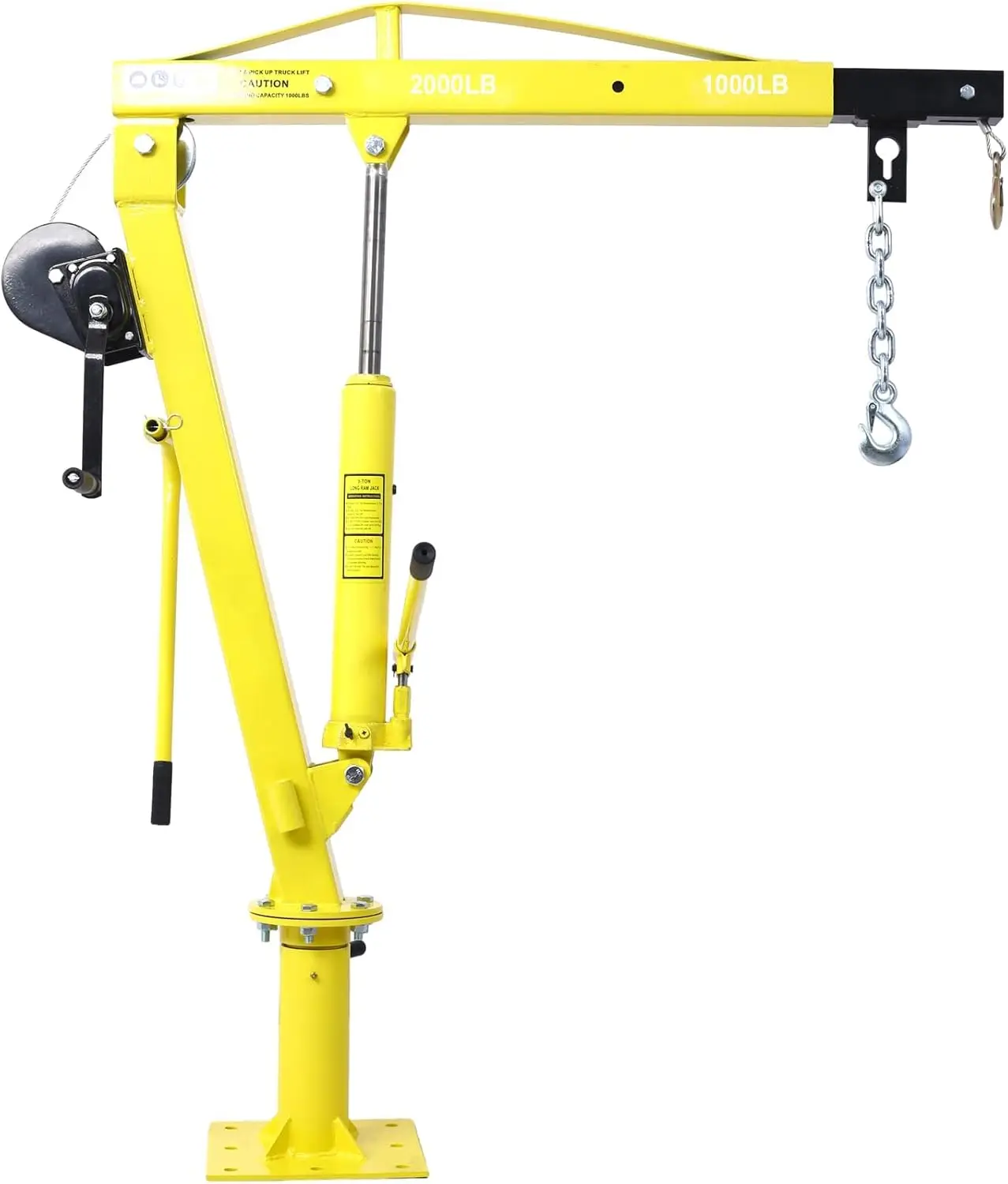 Truck Bed Hoist with Hand Winch Pickup Jib Crane 2000 lbs Capacity Hydraulic Extendable Boom 360° Pivot Yellow