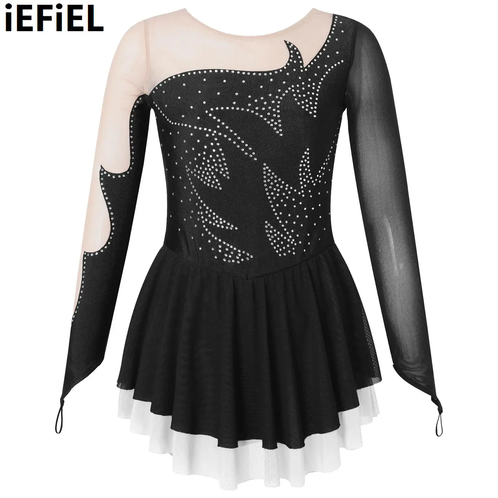 Kids Girls Patchwork Skating Dance Dress Shiny Rhinestone Decorated Hook Finger Dance Long Sleeve Round Neckline Style Wear