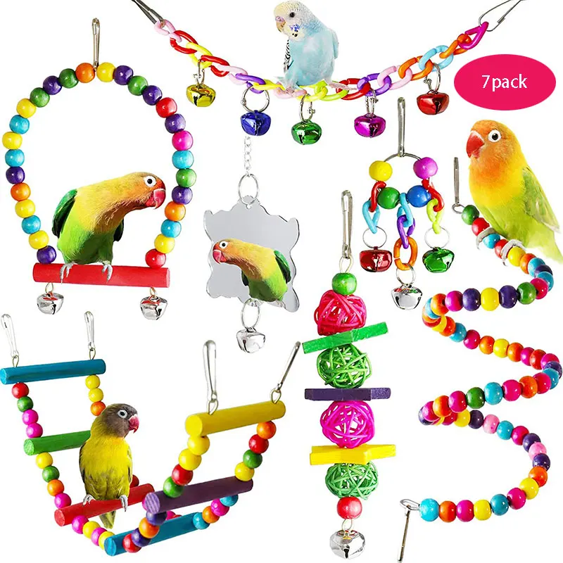 7PCS Bird Toy Wood Parrot Toys Set Cage Bird Accessories Swing Suspension Bridge Ball Cage Bells Pet Supplies