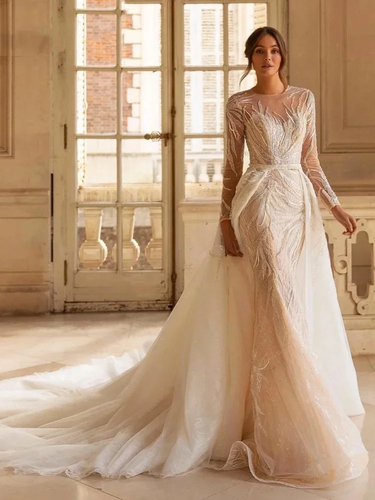

Customized Charming Long Sleeve Mermaid Dresses Sparkly Sequins Beads Wedding Gowns Detachable Train Bride Robe Vestido De Novia