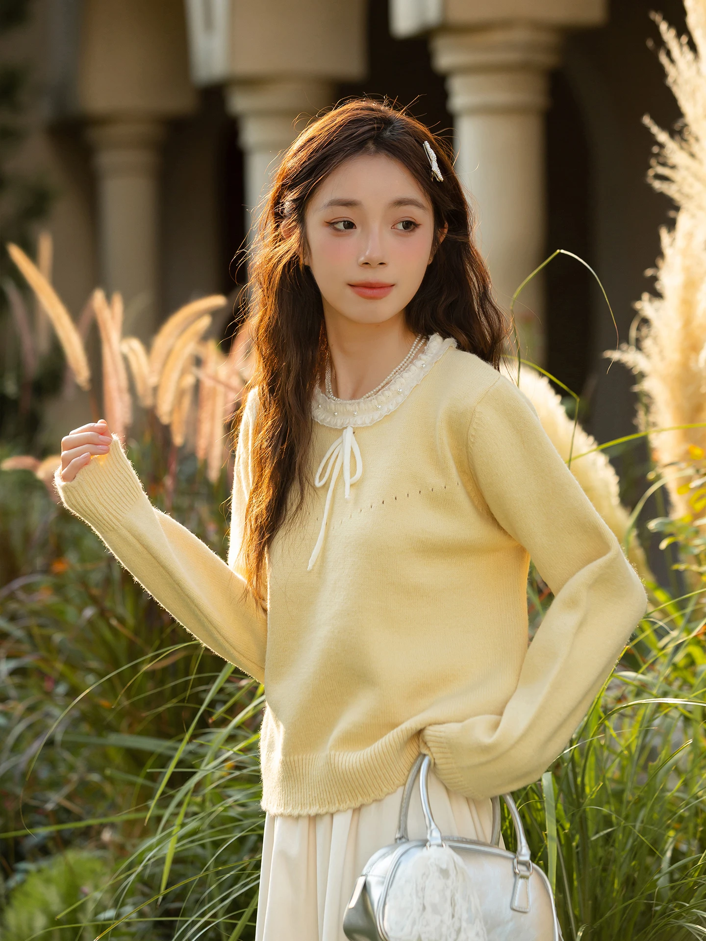 

Женский вязаный свитер пастельно-желтого цвета с воротником-рюшами, мягкий, свободного кроя, комфортный, базовый слой, новинка 2026 года